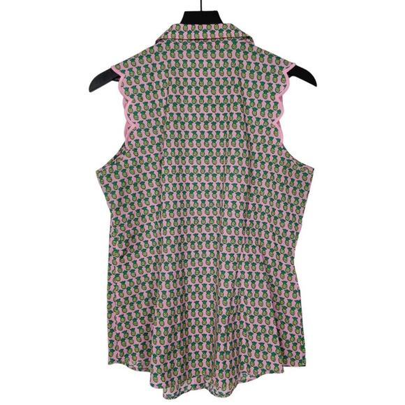 Talbots Pineapple Blouse Pink Yellow‎ Scalloped Sleeveless Top Womens Size 10 - Picture 2 of 8